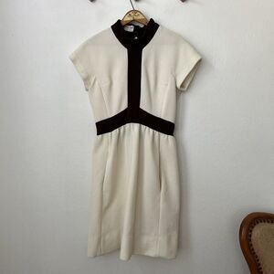 Vintage 60s Sears Fashion Board cream brown‎ mod ribbed dress groovy XS/S